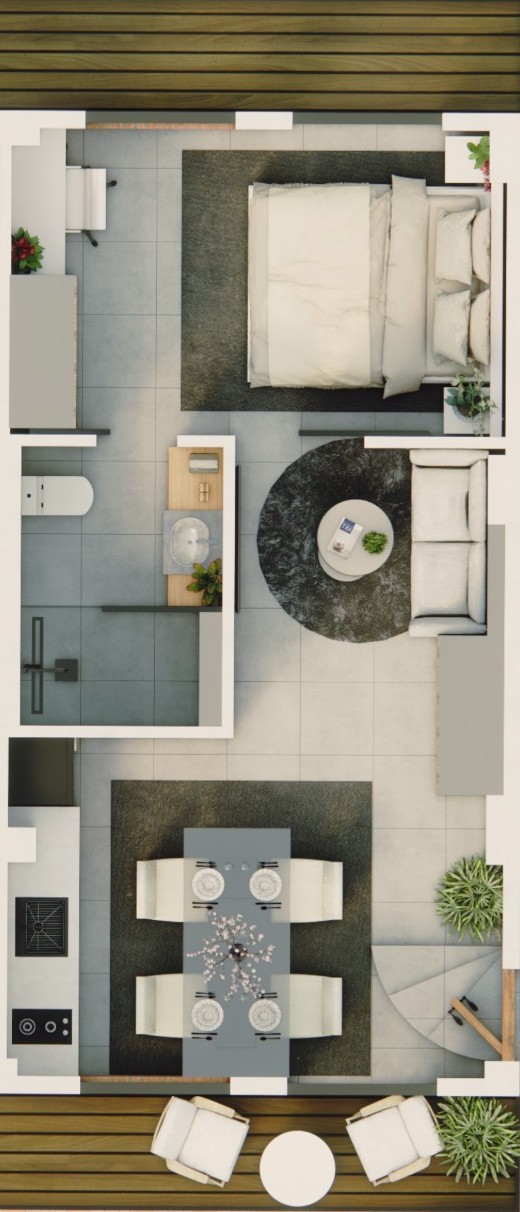 35 square meter one-bedroom floor plan